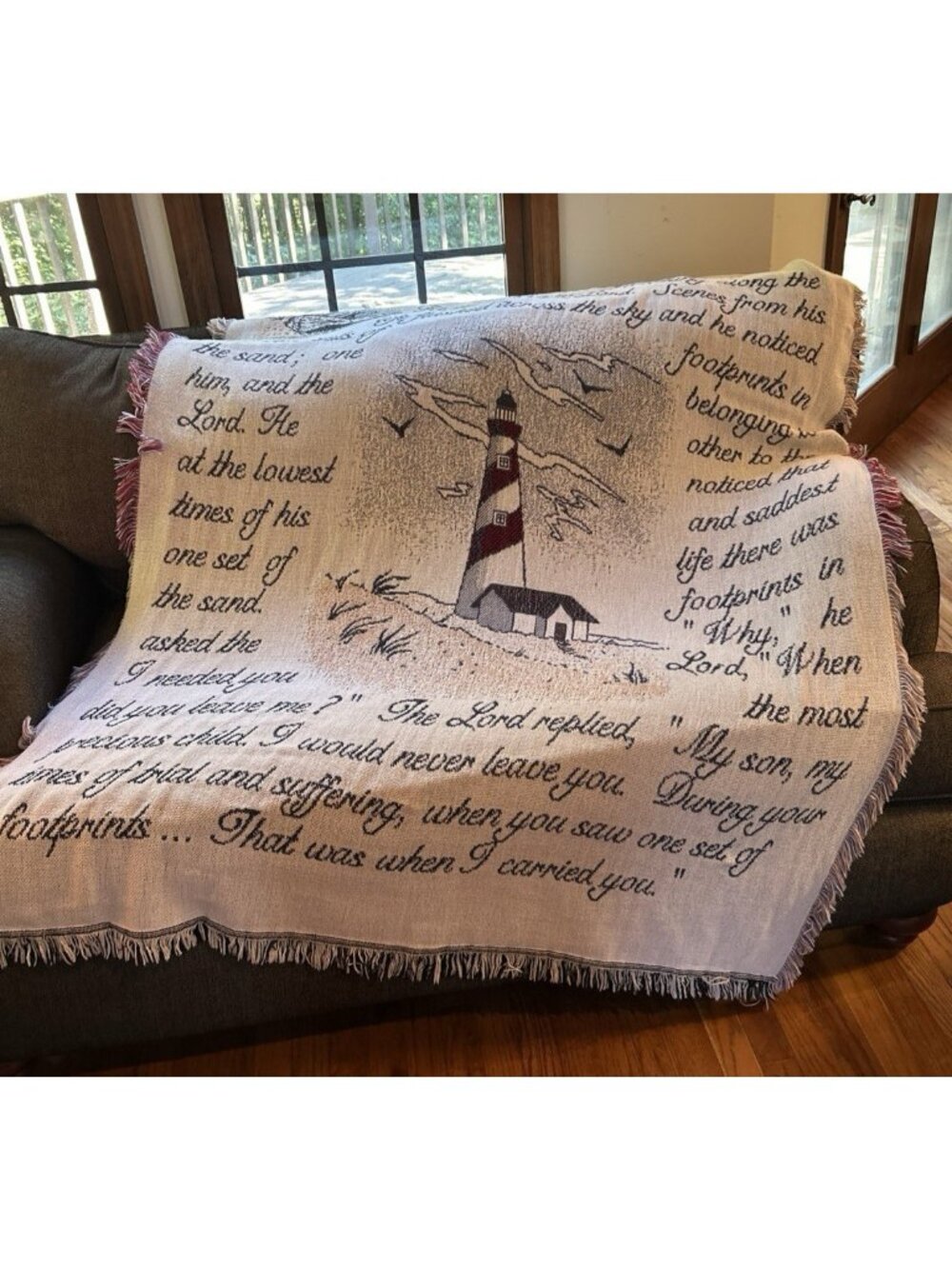 Tapestry Woven Throw Blanket Footprints Saying Lighthouse 70 X 46” With fringe